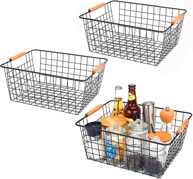 LeleCAT Large black wire baskets with Wooden Handles for storage pantry, Storage Organizer Baskets, Household Refrigerator for Cabinets, Closets, Bedrooms, kitchen - Set of 3 Black by HomeSpaceStorageBasket