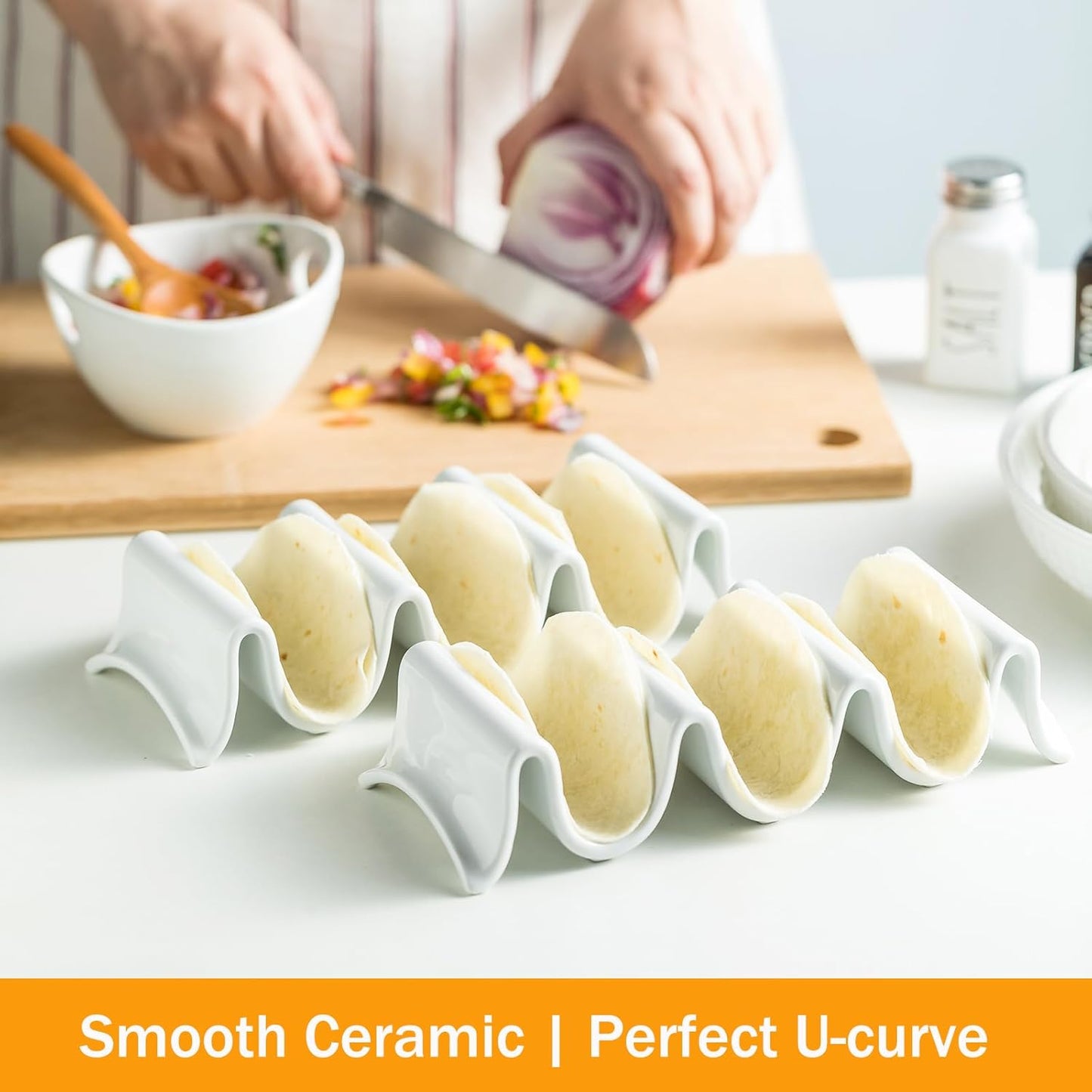 Taco Holders Set of 2, Porcelain Large Taco Tray with Handles, Reusable and Stackable Taco Plates, Perfect for Burritos and Tortillas Holder Handles, Oven & Microwave Safe