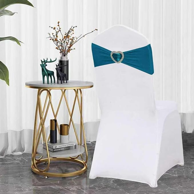 Teal Chair Sashes 25 Pack Spandex Dark Teal Sashes for Chairs Covers Universal Stretch Chair Sashes Band with Heart Buckle Slider for Wedding Banquet Party Decorations - Image 3