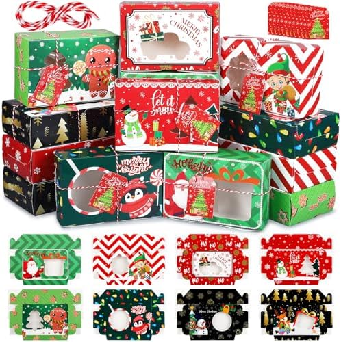 Zhanmai 64 Pcs Christmas Treat Boxes with Window Holiday Kraft Bakery Christmas Cookie Gift Boxes Xmas Pastry Food Containers with Ribbons DIY Tags for Party Favor Gift Giving(Classic) by Zhanmai