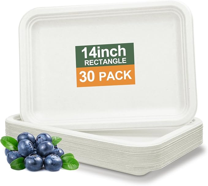 14 Inch Disposable Food Trays, White, 30 Pack | Heavy Duty Paper Plates, Disposable Platter Trays, Serving BBQ, Crab, Lobster, Wedding, Event Plates, Party Supplies by BangShou