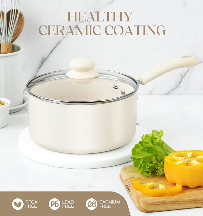 MICHELANGELO Nonstick Saucepan with Lid, Ceramic Sauce Pan Sets, Easy to Clean Sauce Pans, Multi-Purpose Cooking Pots, 1QT, White - Image 2