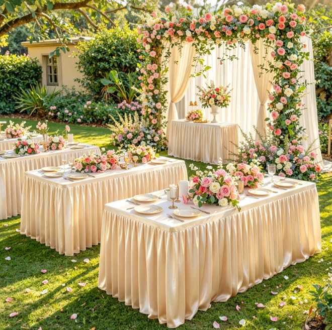 Champagne Polyester Table Cloths for Rectangle 4 Foot Tables, 2 Pack Wrinkle Free Tablecloths Stretchy Banquet Ruffle Fitted Table Cover Desk Skirt for Parties Wedding Birthday Baby Shower - Image 3