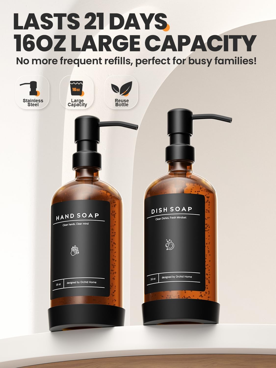 [Luxury] Kitchen Soap Dispenser Set - 16OZ Amber Glass Bottle, Stainless Steel Pump, Instant Dry Tray, Waterproof Labels, Non-Slip Silicone Pad, and Dish Brush | Upgrade for Your Kitchen and Bathroom