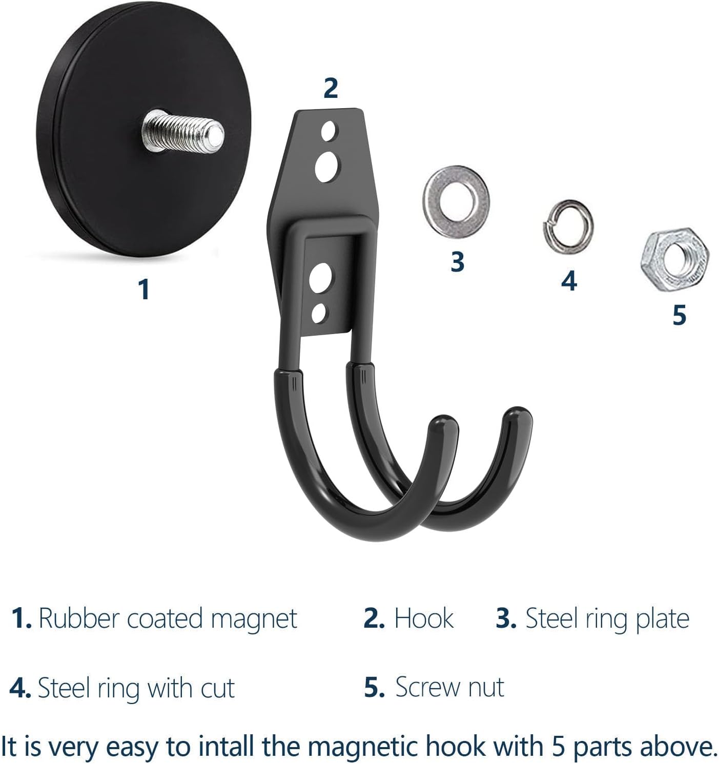 Heavy Duty Magnetic Hooks - Anti-Slide Garage Hanger, Magnetic Mounting for Garden Tools, Hose, Power Drill, Steel Pegboard, Workshop (8 Pack)