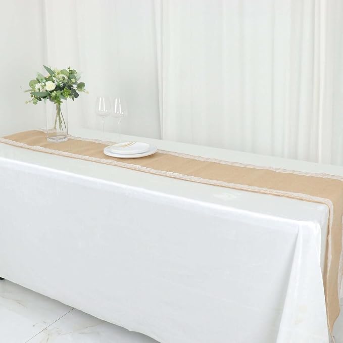 Efavormart 14"X104" Natural Jute Burlap Table Runner with White Lace Trim Edges, Boho Chic Rustic Decor - Image 6