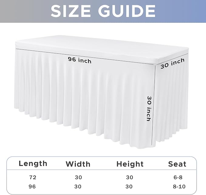 White Spandex Table Skirt for 8 Foot Rectangle Tables 4 Pack 96x30 In - Image 4