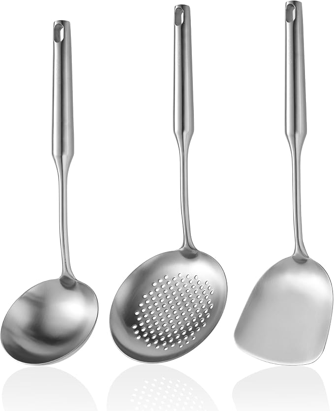 Wok Utensils for Carbon Steel Stainless Steel Wok Spatula Wok Tools | Professional Set, 3-Pieces Food-Grade 304 Stainless Steel Cooking Utensils All Metal, Dishwasher Safe by NIITAWH