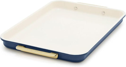 GreenPan Bakeware 13" x 9" Quarter Sheet Pan, Ceramic Nonstick Baking Pan, PFAS & BPA Free, Gold Handles, Durable Steel, Versatile & Space Saving Ovenware, Freezer to Oven Dish, Oxford Blue by GreenPan