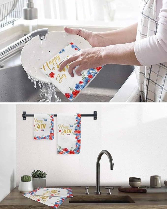 4th of July Hand Towels Set, Waffle Weave Kitchen Towels 2 Pieces, Summer Red Blue Patriotic Flowers Leaves Microfiber Hair Face Bath Tea Towel Absorbent Quick Drying Cleaning Dish Cloths, 15.7"x23.6" - Image 6