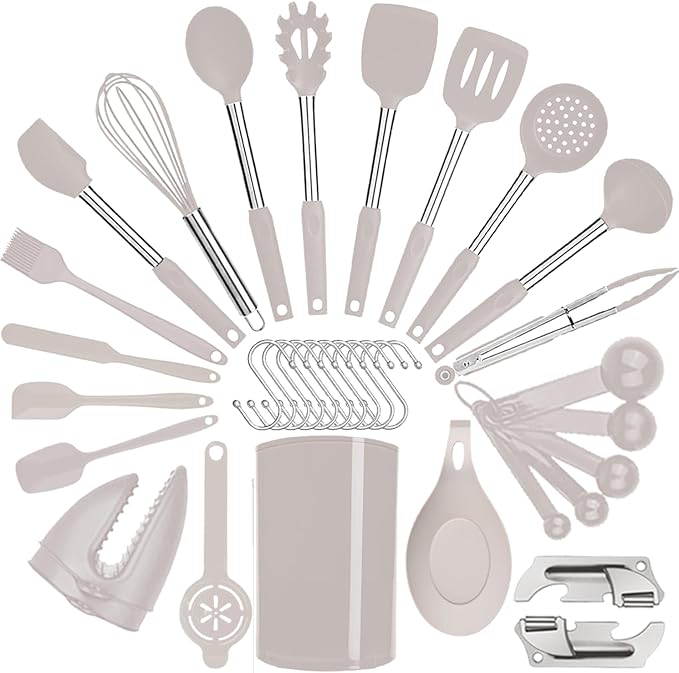Silicone Kitchen Cooking Utensils Set with Stainless Steel Handle, Spatula Set Utensil Set, Cooking Utensil Set,Kitchen Tools Gadgets for Nonstick Cookware (35, Khaki) by BECBOLDF