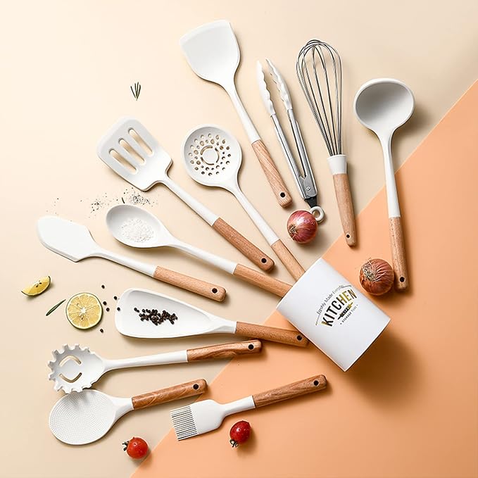 Silicone Kitchen Utensils Set,446°F Heat Resistant 13 Piece Wood Handle For Non-stick Cooking Set (BPA Free) Turner,Tongs,Spatula,Spoon,Brush,Whisk -White - Image 5
