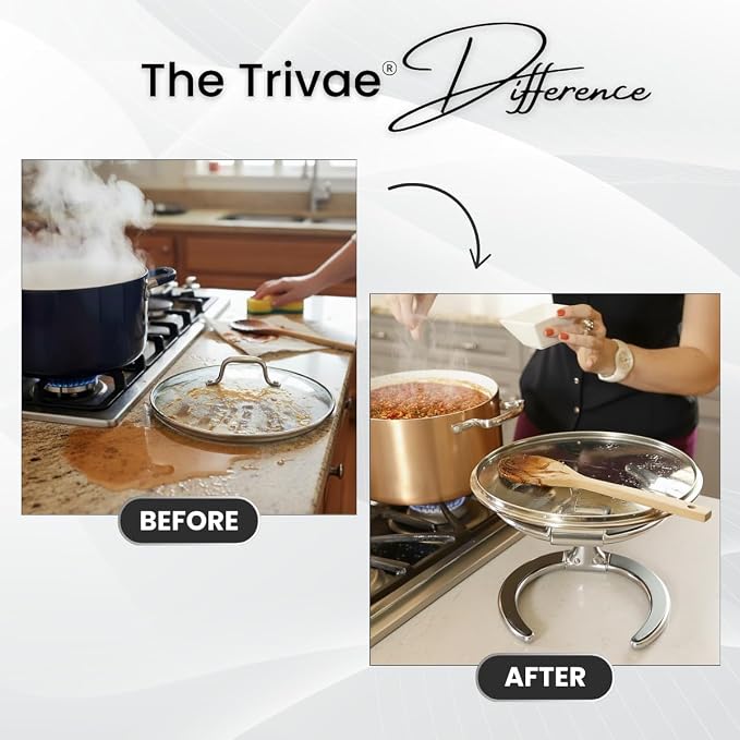 Trivae 4-in-1 Pot Lid Holder and Kitchen Trivet for Countertop – Durable Cast Aluminum Hot Pan Stand & Cake Display – Heat Resistant Silicone, Space Saving Foldable Design - Image 2