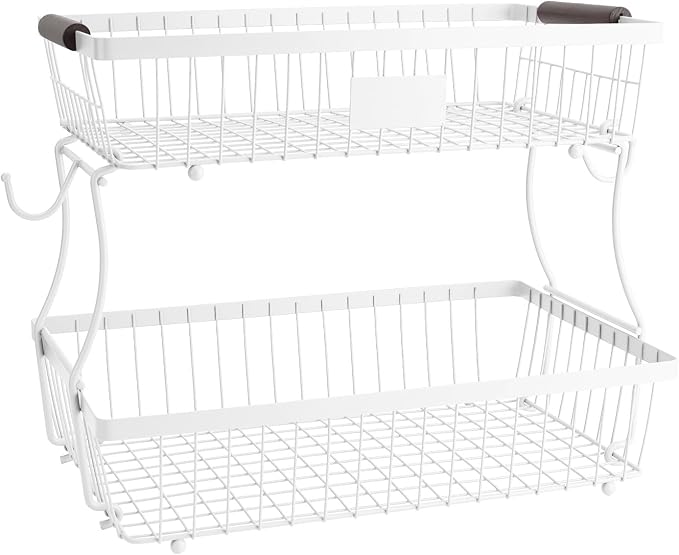 2-Tier Stackable Wire Basket with 2 Banana Hooks, Pantry Organizer for Kitchen Countertops, Cabinets & Under-Sink Spaces; Ideal for Storing Snacks, Fruits, Veggies, Onions, Potatoes, & More，White by Lawhood-Mijin