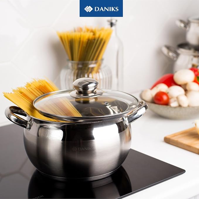 Daniks Classic 4 Quart Stainless Steel Stock Pot with Glass Lid, Tri-Ply Bottom for Even Heating, Induction Compatible, Dishwasher Safe - Image 2