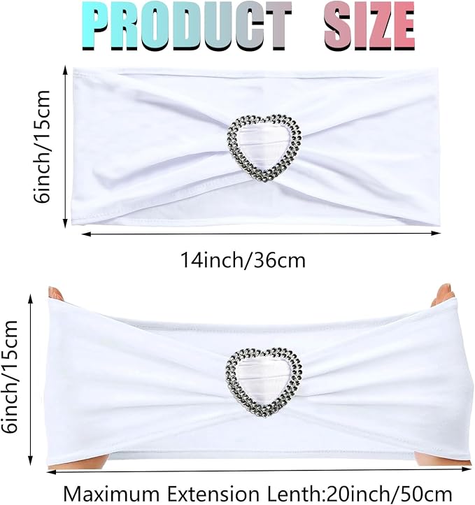 White Spandex Chair Sashes 50 Pack Spandex White Sashes for Chairs Covers Universal Stretch Chair Sashes Band with Heart Buckle Slider Sashes Bows for Wedding Banquet Party Decorations - Image 2