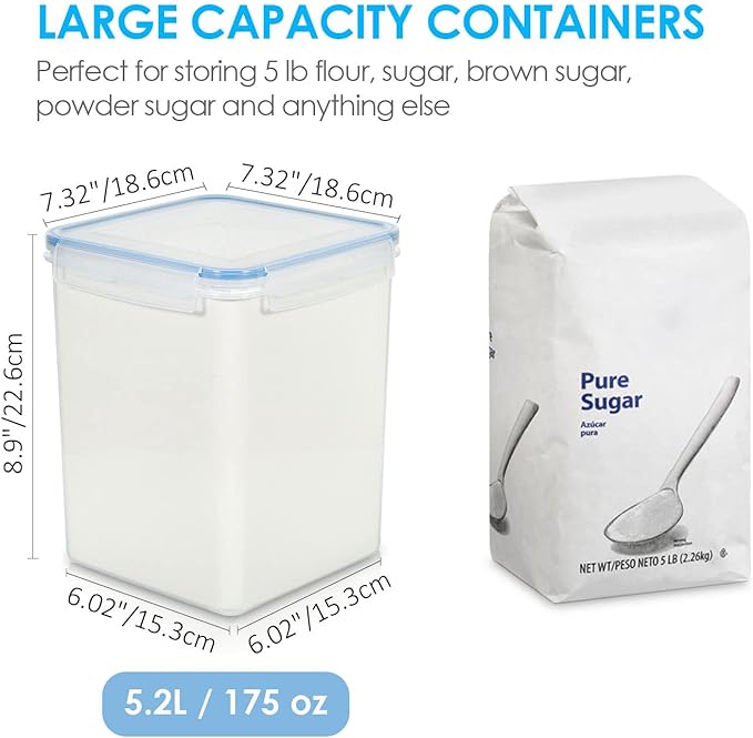 Vtopmart Large Food Storage Containers 5.2L / 175oz, 4 Pieces BPA Free Plastic Airtight Canisters for Flour, Sugar, Baking Supplies, Rice with Lids, 4 Measuring Cups and 24 Labels, Blue (Pack of 2) - Image 2