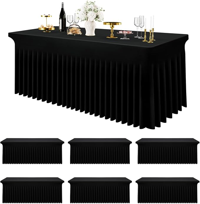 Smiry Spandex Tablecloth 6 Pack, Elastic Fitted Stretch Tablecloth for 8FT Rectangle Tables, Waterproof Washable Table Cover Skirt for Wedding, Banquet & Parties (Black, 96Lx30Wx30H Inch) by Smiry