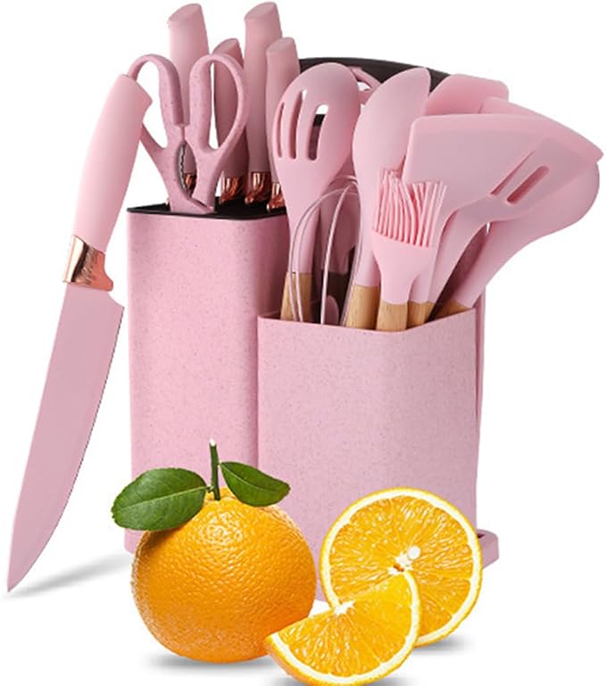 19 Pcs Kitchen Cooking Utensils and Knife Set with Block, with 11 Piece Silicone Cooking Utensils Set 5 Pcs Sharp Stainless Steel Chef Knives Scissors Whisk Tongs and Cutting Board (Cherry Pink) by Mltao