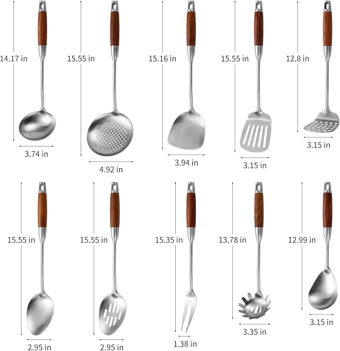 Izurok 18/10 Stainless Steel Kitchen Utensils Set,10 Piece Cooking Utensils With Wood Handle,Heat Resistant Kitchen Tool Set With Spatula,Spoon,Ladle,Skimmer,Slotted Turners,Pasta,Turner,Ladl,Fork - Image 2