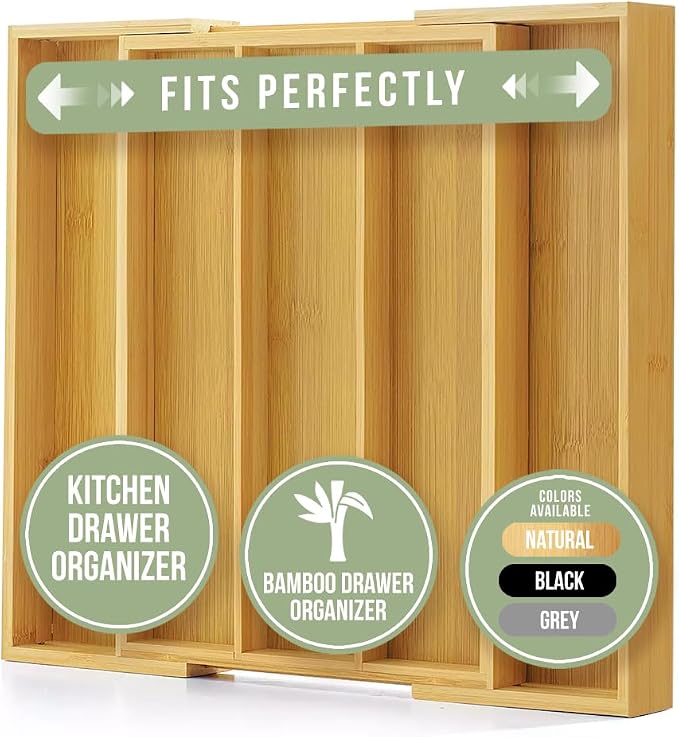 Purawood Kitchen Drawer Organizer - Expandable Utensil Drawer Organizer for Kitchen, Cutlery Tray & Silverware Organizer, 3-5 Slots - Bamboo Organizer for Utensils & Flatware (Natural) - Image 2