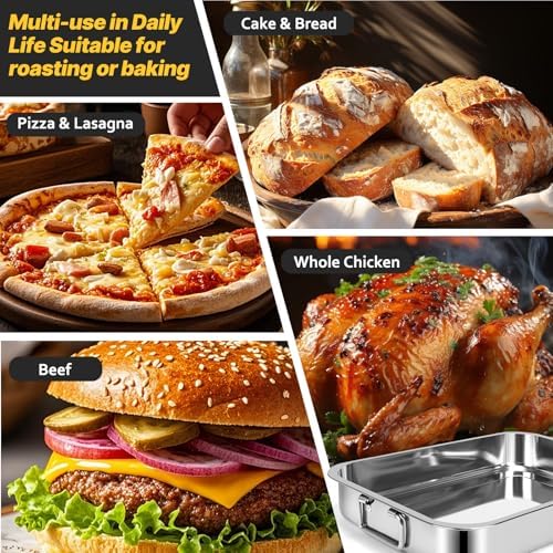 15.5" Stainless Steel Roasting Pans with Handles, Baking Pan for Oven with 2 Racks, Heavy Duty, Dishwasher Safe Rectangular Lasagna Pan with Handles for Turkey Chicken, Silver - Image 4