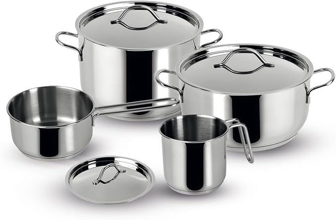 Lagostina Every Stainless Steel Cookware Set, 7-Piece Set, Two-Handle Saucepan 18 cm, Deep Casserole 22 cm, Milk Pan 12 cm, Deep Casserole 14 cm Long Handle and Lids 14.18 and 22 cm by Lagostina