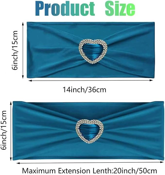 Teal Chair Sashes 25 Pack Spandex Dark Teal Sashes for Chairs Covers Universal Stretch Chair Sashes Band with Heart Buckle Slider for Wedding Banquet Party Decorations - Image 2
