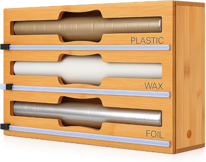 Foil and Plastic Wrap Organizer for Kitchen Drawer — 3 in 1 Bamboo Holder for Aluminum Foil, Cling Wrap and Wax Paper with Labels and Slide Cutter, Fits 12" Rolls, Kitchen Storage Organization by maxpray