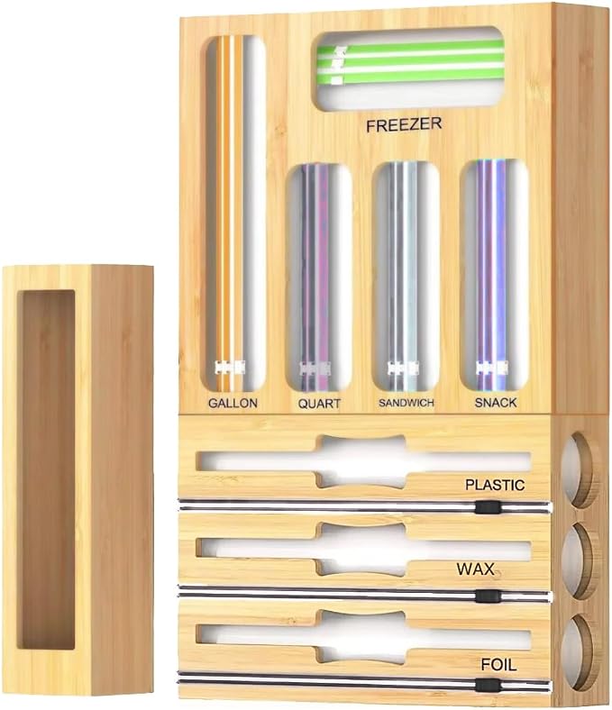 Storage Bag Organizer for Kitchen Drawer, Foil and Plastic Wrap with Cutter, Organizers Compatible Gallon, Quart, Sandwich Snack Size 9 in 1 by Unknown