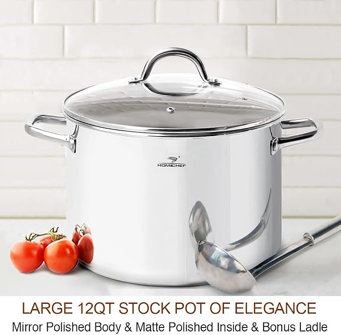 HOMICHEF 12 Quart LARGE Stock Pot with Glass Lid - NICKEL FREE Stainless Steel Healthy Cookware Stockpots with Lids 12 Quart - Mirror Polished Induction Pot - Commercial Grade Soup Cooking Pot - Image 2