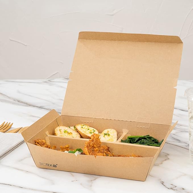 Restaurantware-Bio Tek 50.7 Ounce To Go Boxes, 100 Disposable Bento Boxes - 3 Compartments, Tab Lock Closure, Kraft Paper Take Out Box, Serve Hot and Cold Foods, For Restaurants or Parties - Image 6