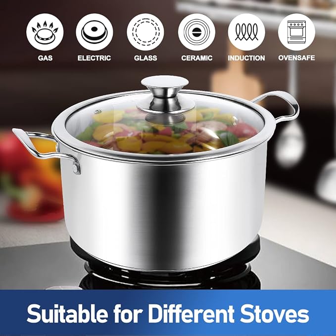 Aufranc 10-Piece Pots and Pans Set, Stainless Steel Cookware Set- Includes Ergonomic Handle Saucepans, Skillets, Dutch Oven, Stockpot, Steamer & More - Premium Pots and Pans for Home Chefs - Image 4