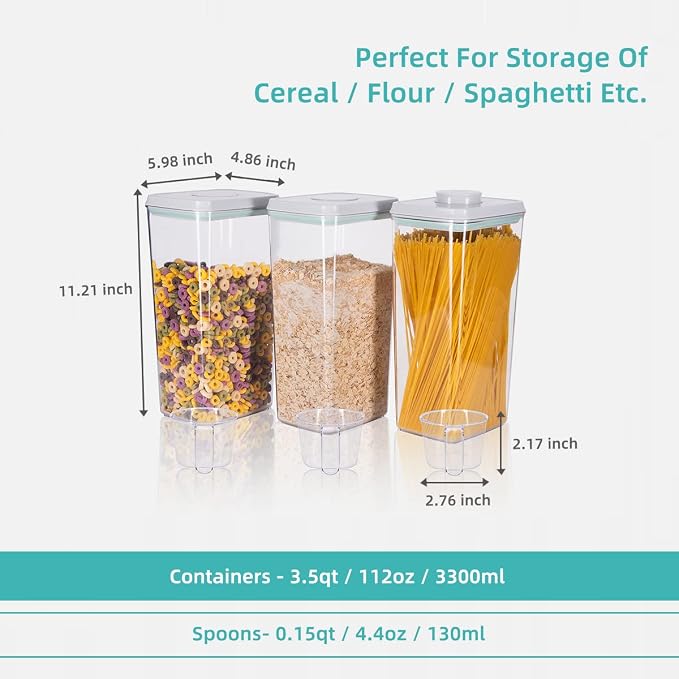 Ankou Airtight Pop Cereal Container, 3300ml Each Large Cereal Containers with Scoops Food Storage Canister Dispenser Perfect For Cereal Flour Spaghetti Rice Kitchen Organizing 3.5qt - Image 2