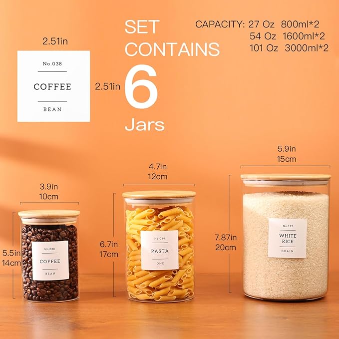 6-Pack Borosilicate Glass Storage Jars with Bamboo Lids + 132 Pre-Printed Pantry Labels Included, BPA-Free Thicken Airtight Containers for Flour, Sugar, Rice, Microwave & Freezer Safe(100OZ/54OZ/27OZ) - Image 3