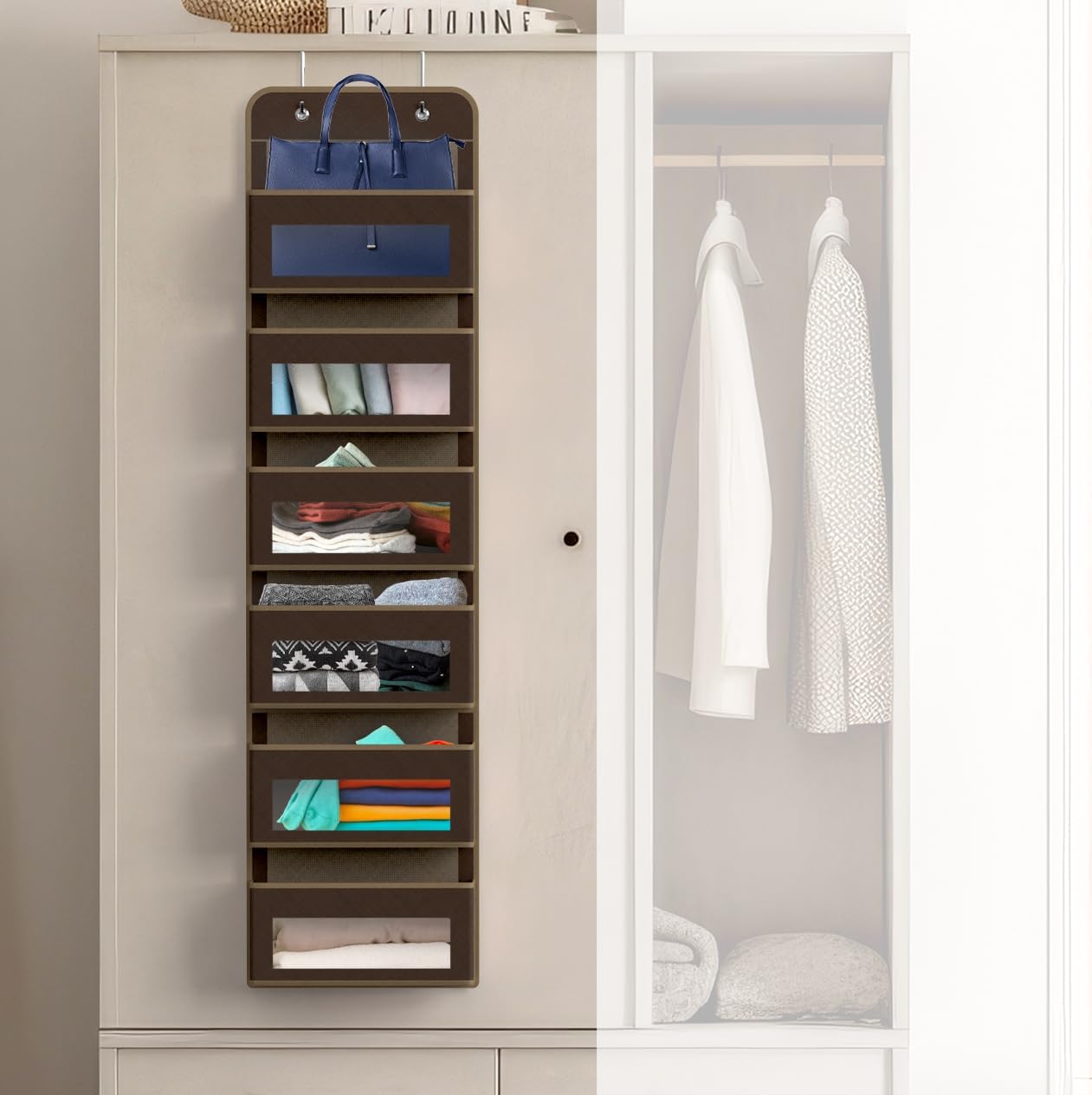 Simple Houseware 6 Clear Window Pocket Over Closet Door Storage Hanging Organizer for Bedroom, Bathroom, Pantry, Brown