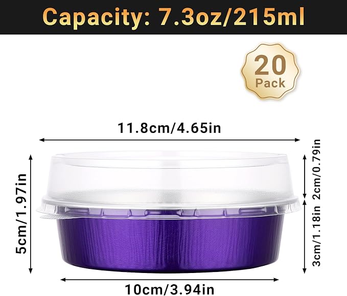 Beasea 7.3oz Cheesecake Pan with Lids, 20 Pack 4 Inch Round Aluminum Foil Disposable Tart Tins, Cupcake Container with Lids Mini Pie Tart Pans Baking Cups For Pizza Quiche - Violet Purple - Image 2