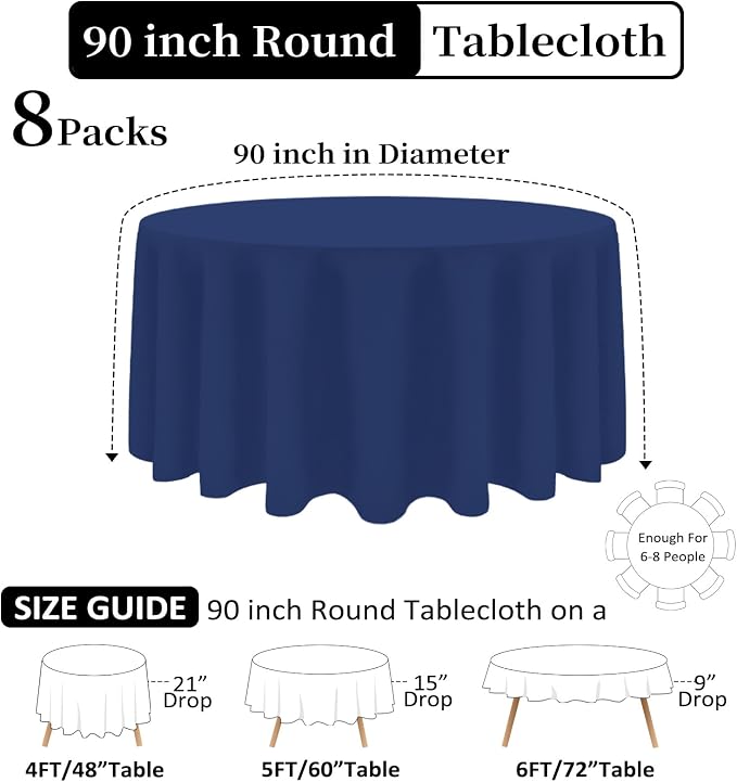 8 Packs 90 Inch Navy Blue Round Tablecloth - Image 2