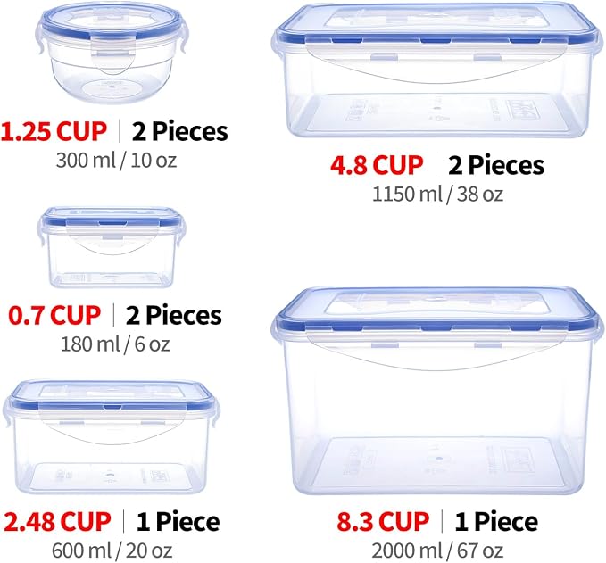 KIGI Food Storage Container Set, Airtight, Stackable, 0.7-8.3 Cup, 8 Pack | 4-Sided Locking Lids, Ideal for Meal Prep, Lunch & Leftovers, BPA-Free Plastic, Multi-Size Multi-Use Set - Image 2