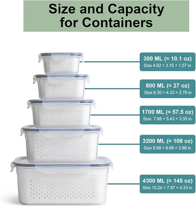 5 Pack Large Fruit Storage Containers for Fridge with Removable Colander | Plastic Food Storage Containers with Lids Airtight-Leak Proof Refrigerator Organizers and Storage of Vegetable - Image 2