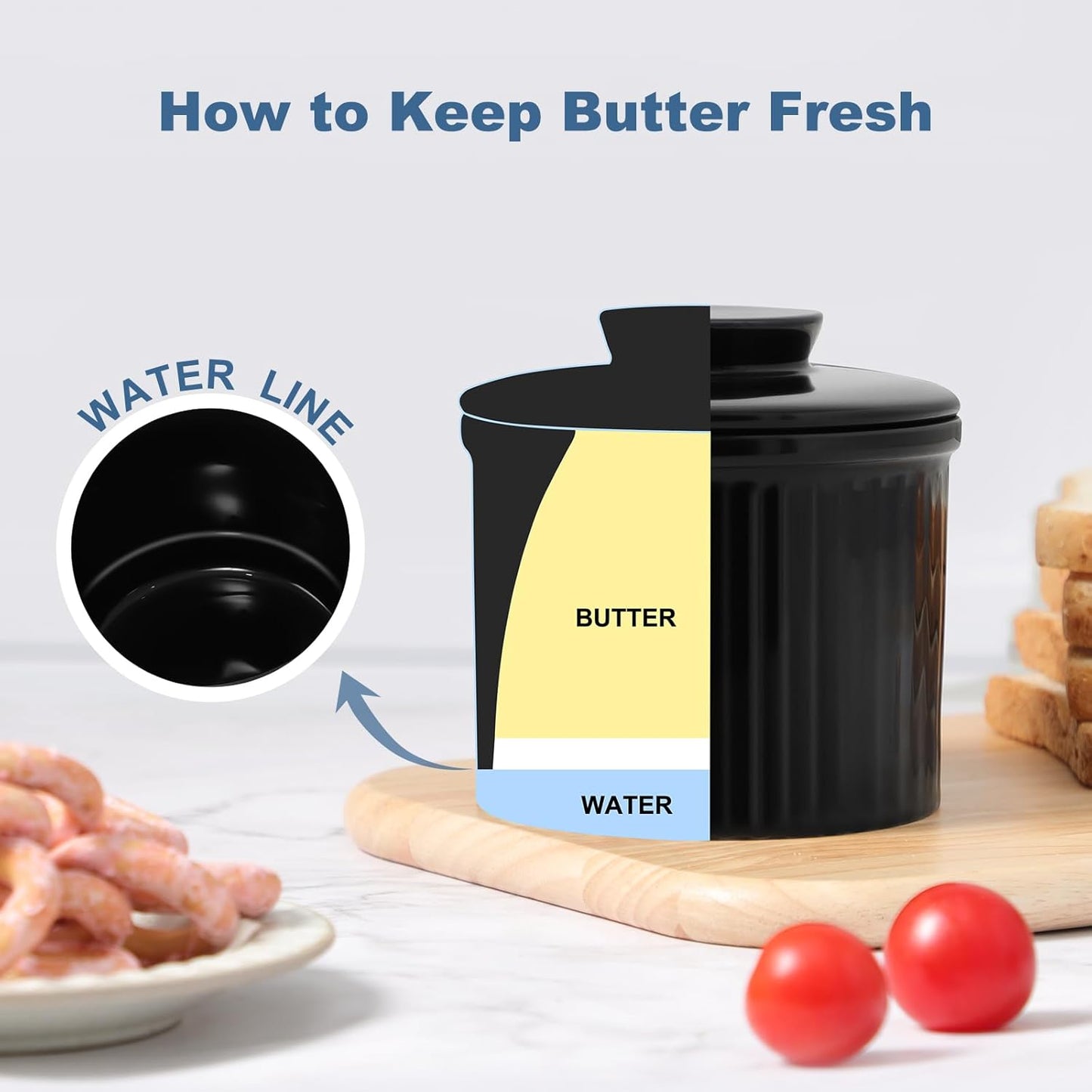 Large Butter Crock for Counter with Water Line, Butter Keeper, Ceramic French Butter Dish Holder for Fresh Spreadable Soft Butter (Black, 8 Ounce)