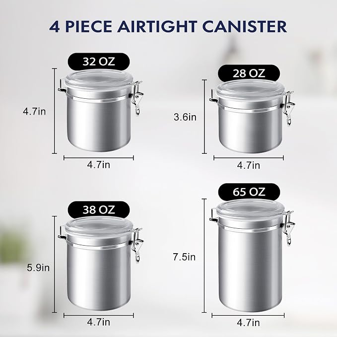 ENLOY 4-Piece Stainless Steel Airtight Food Storage Canister Set with Lid | Food-grade Stainless Steel Food Containers Set with Clear Lid for Sugar, Flour, Tea, Candy, Cookie, Spice, 28/32/38/65oz - Image 2