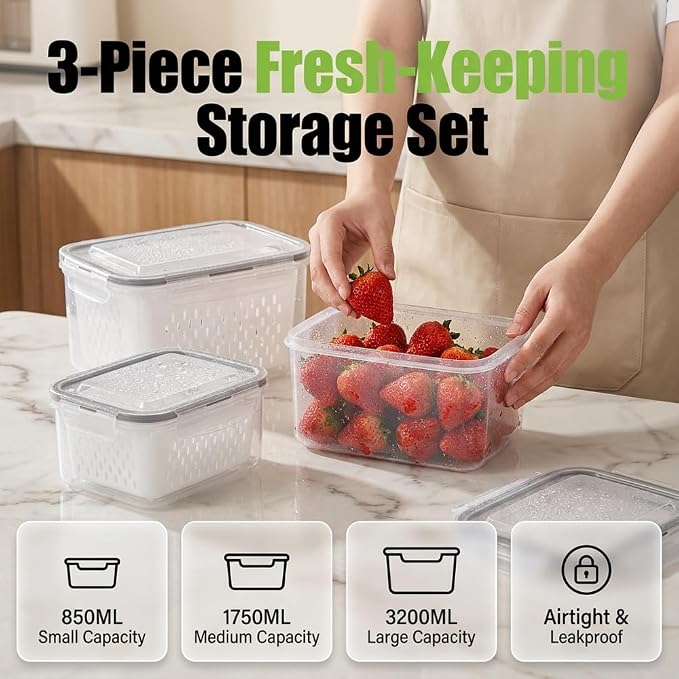 Fruit Storage Containers with Removable Colander (Blue 6PCS, S+M+L) | Leakproof Produce Containers for Fridge, Produce Storage Containers, Fridge Organizers and Storage for Fruit, Vegetables - Image 3