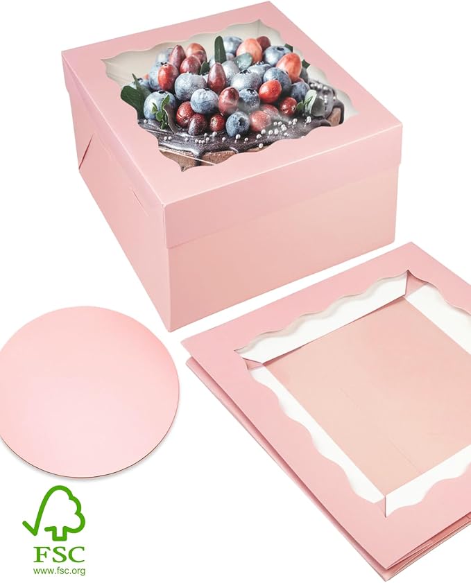 qiqee Pink 12"x12"x8" Cake Box 36Pcs, 12" Pink Cake Round Boards 36Pcs, for Cake, Treat Cookie Dessert, Pastry, Birthday Party - Image 2