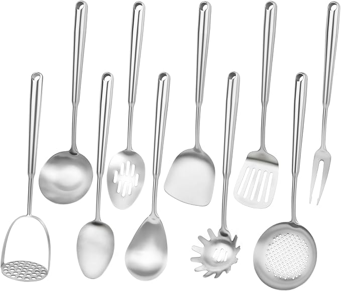 304 Stainless Steel Cooking Utensils Set, 10pcs Long Metal Kitchen Utensils Set Come with Spoon, Potato Press, Spatula, Ladle, Skimmer, Turner, Pasta Server by Unknown