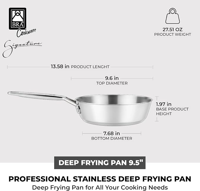 BRA COOKWARE Signature Stainless Steel Deep Fry Pan | 9.5 In High Skillet - Image 3