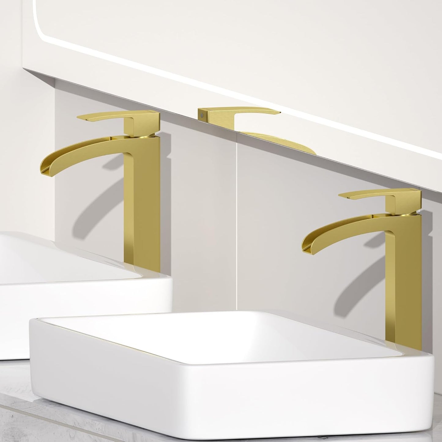 Bathroom Faucet Tall Vessel Waterfall Faucet Deck Mount Single Handle Lavatory with Water Supply Line and with Pop Up Drain （Brushed Gold ）