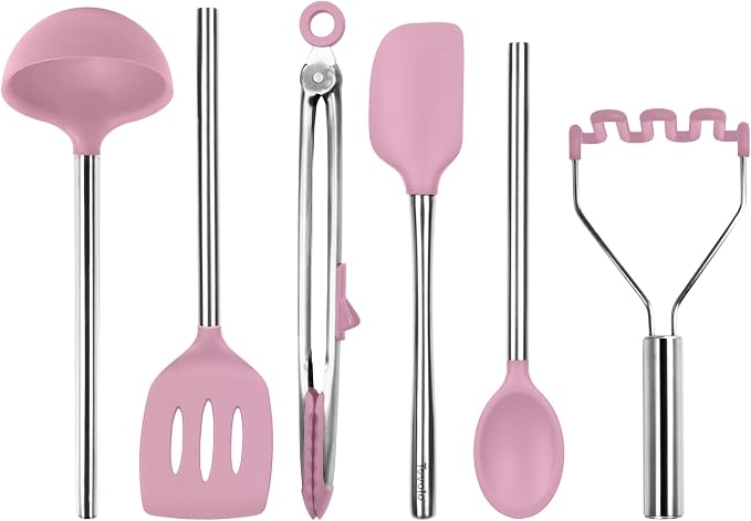 Tovolo Silicone Cooking Utensil Set of 6 Pink Sorbet Ladle Slotted Turner Tongs Flex Core Spatula Scraper Mixing Spoon and Potato Masher, Dishwasher Safe BPA Free Silicone Kitchen Utensils by Tovolo