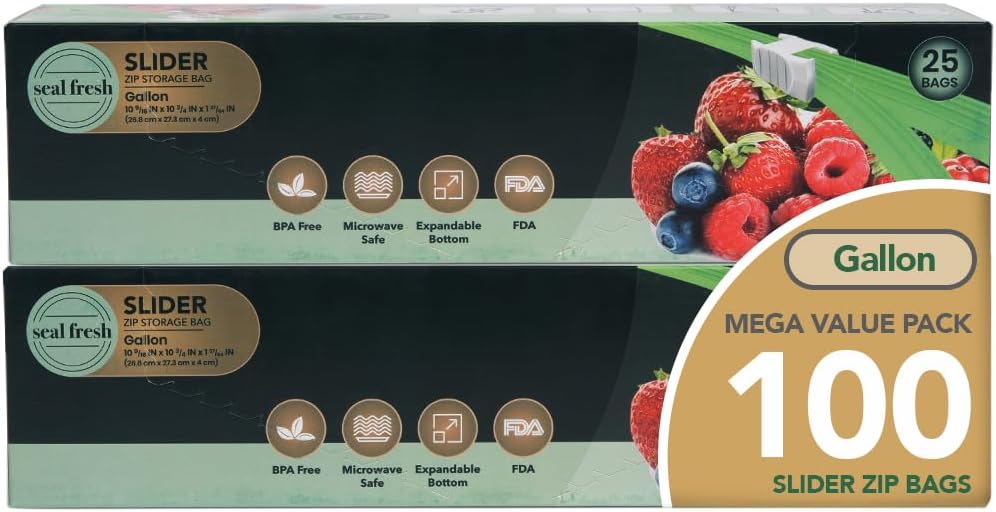 Gallon Slider Storage Bags 100 Pack — Reusable Freezer Bags with Expandable Bottom, BPA Free, Microwave Safe, Clear Gallon Food Storage Bags