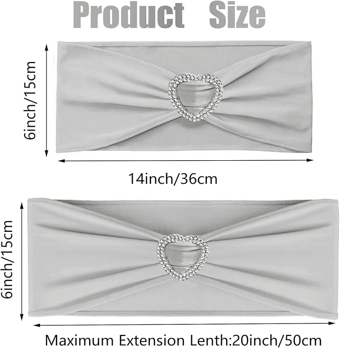 Silver Grey Chair Sashes 50 Pack Spandex Grey Sashes for Chairs Covers Universal Stretch Chair Sashes Band with Heart Buckle Slider for Wedding Banquet Party Decorations - Image 2
